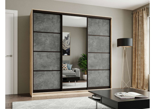 Шкаф купе 3 двери (цемент светлый, дуб вотан, профиль коньяк)